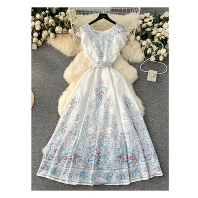 (white, XL) Spring/summer Vintage Palace Style Dress Women&apos;s Design Sense Printed Slim Fit 