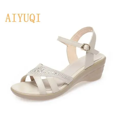 (beige, 40) Women&apos;s Sandals Wedges Summer New Female Sandals Open Toe Large Size Mother Cas