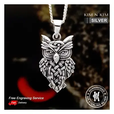 (24 inches, Free Engraving) Celtic Owl Pendant Necklace/Viking/Personalised/Solid Sterling Silve