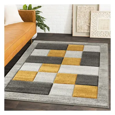 (GREY / YELLOW, cm x cm) Geometric checks living room rug Beige Grey Mat