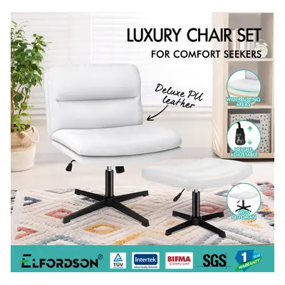 ELFORDSON Office Chair Computer Cross-legged Seat Work Ottoman PU Leather White