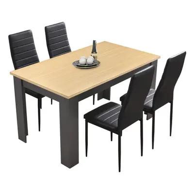 ((120cm Pine+Grey & Black Chairs)) Wooden Dining Table and Chairs 4/6 Set Pu Leather Seat Dining