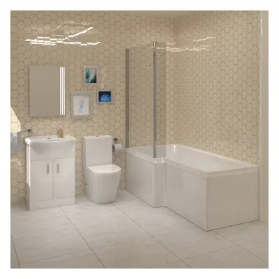 L-Shaped LH Shower Bath, White Basin Vanity Unit Closed Coupled Toilet