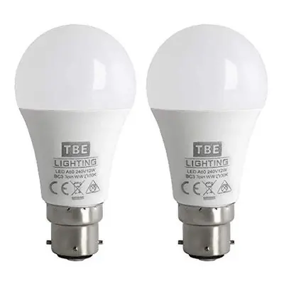 TBE Lighting BC3 PIN LED Bulbs - Pack - 12w Non-DIMMABLE Energy Saving LED A60 Bulb - Warm White