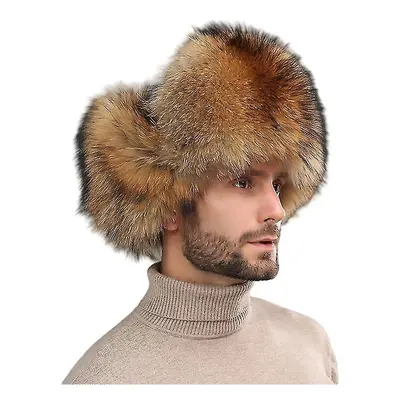 (COFFEE, L) Mens Winter Hat Real Fox Fur Hats Natural Raccoon Fur Genuine Sheepskin Leather Russ