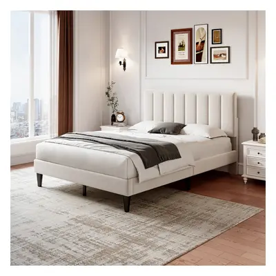 (Beige with Adjustable Channel Tufted Headboard) 4ft6 Upholstered Velvet Bed Frame with Mute Foa