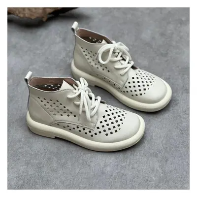 (white, 37) Johnature Summer Sandals Genuine Leather Retro Breathable Hollow-out Boots Round Toe