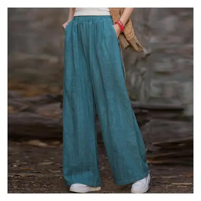 (blue, One Size) Johnature Women Vintage Tie-dye Wide Leg Pants Elastic Waist Autumn Trouser Loo