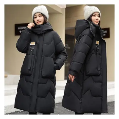 (black, XXL) Autumn Winter Thicken Warm Long Hooded Parka Women Casual Solid Color Big Pocket Lo