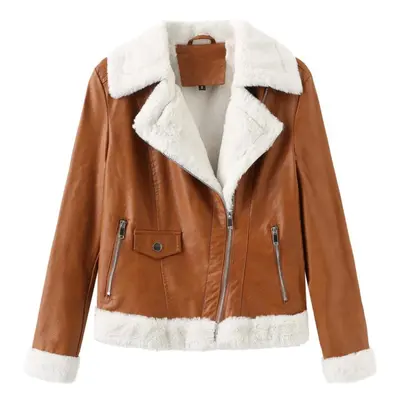 (camel, S) Faux Leather Jacket For Women Fleece Lined Warm Long Sleeves Slim Fit Short Coat Styl