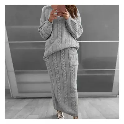 (grey, S) Women&apos;s Long Skirt Warm Winter Sleeves Autumn Pullover Floral Stitch Sweater Suit