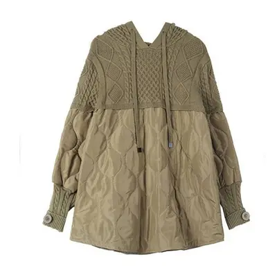 (tan, XL) Knitted Stitching Cotton-padded Jacket Women&apos;s Fashion Loose Casual Mid-length Ho