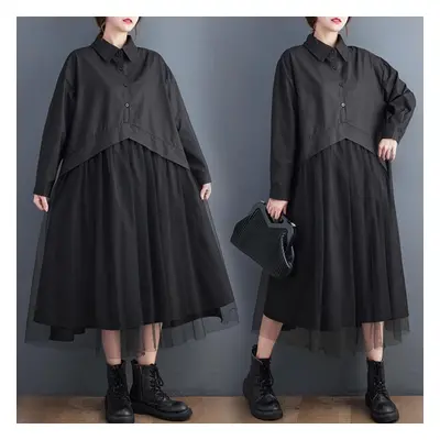 (black, One Size) Dimanaf New Autumn Style Women Shirt Dress Black Patchwork Mesh Fashion Loose 