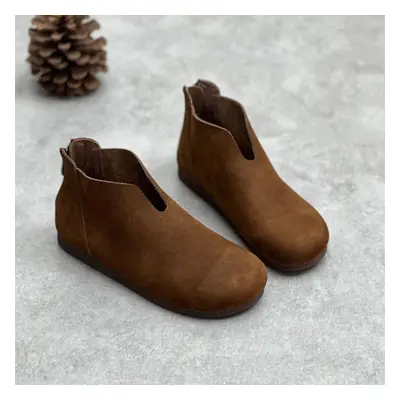 (coffee, 40) Johnature Retro Handmade Genuine Leather Flat Short Boots Round Toe Soft Sole Casua