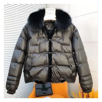 (black, S) Winter Lightweight Fox Fur Collar Button Down Jacket Women White Duck Down Jacket Lad