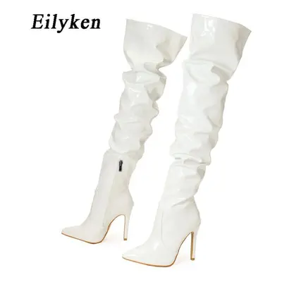 (white, 37) Eilyken High Quality Pleated Patent Leather Motorcycle Over The Knee Boots Women Fas