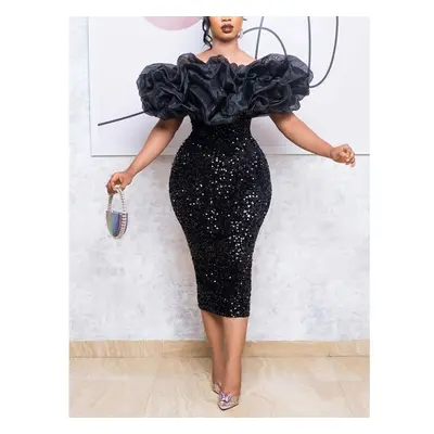 (black, M) Aomei Classy Off Shoulder Black Sequin Dresses For Women Backless Ruffles Trim Velvet