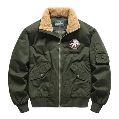 (dark green, XL) Winter Cotton Flight Large Size Cotton Jacket Lamb Fur Collar Thickened Cotton 