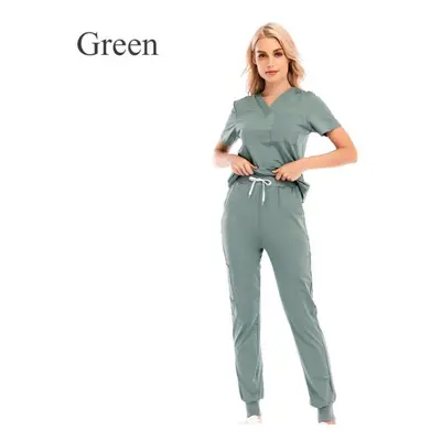 (green, L) Women Solid Color Short Sleeve With Pocket Set V-neck Quick Dry Nursing Working Unifo