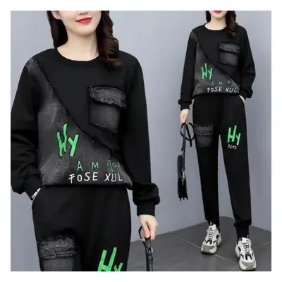 (black, XXXL) Spring And Autumn Denim Sweater + Harem Pants Suit Female Korean Fashion Plus Size