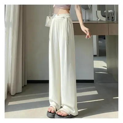 (white, XXL) Loose And Relaxed Summer Wide-legged Pants With Design And Platter Button