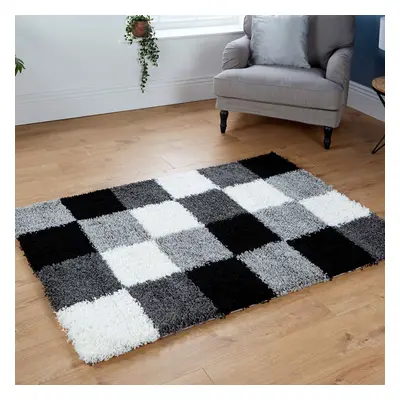 (160x230cm) Large Modern Quality 5cm Geometric Black Grey Silver Rugs