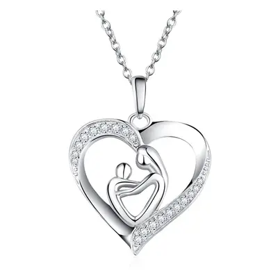 Necklaces Sterling Silver Mother Holding Child Love Heart Shape Zirconia Pendant Necklace