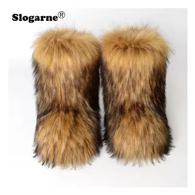 (39, Brown) Women's Winter Fluffy Faux Fox Fur Boots Woman Plush Warm Snow Boots Luxury Footwear