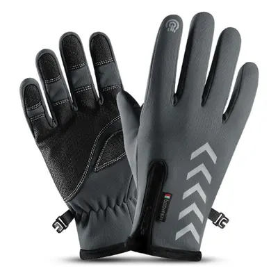 (Gray, 2XL) Winter Warm Touch Screen Full Finger Gloves Reflective Strip Windproof Anti slip Cyc