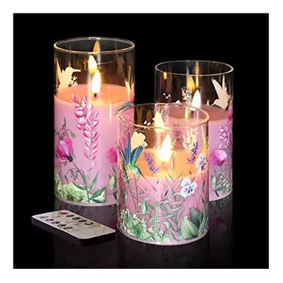 Eywamage Pink Floral Glass Flameless Candles with Remote Timer, Flickering Battery LED Decorativ