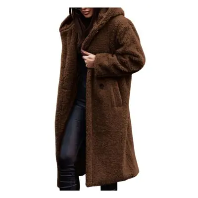 (coffee, XL) Women Winter Coat Thick Solid Color Hooded Hat Long Sleeve Keep Warm Woolen Mid-cal