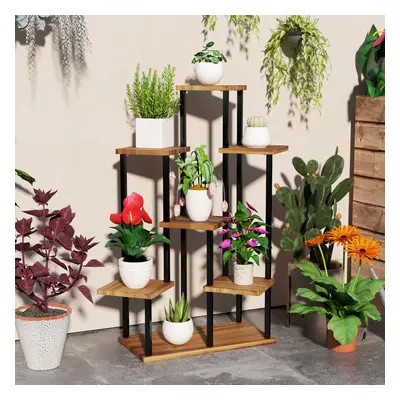 Outsunny Tier Plant Stand, Tall Steel Wood Plant Shelf, Carbonised Finish