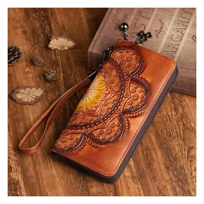 (brown) Vintage Genuie Leather Women Wallet Handmade Embossing Wallets Card Holder Natural Cowhi