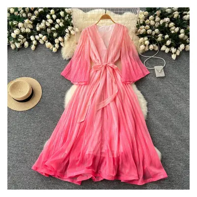 (pink, one size) Luxury Banquet Women&apos;s Dress With Waist Tie Loose V-neck Flare Sleeves Gra