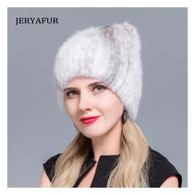 (white,black) Jeryafur Mink Fur Hat Forwomen Cute Cat Ear Thickwinter Hat Female Fashion Fur Kni