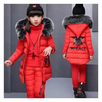 (red, 120cm) Winter Girls Fur Clothing Hooded Sets Vest Jacket + Warm Top Pants Pieces Clothes C