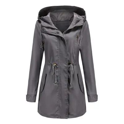 (grey, 3XL) Women's Trench Coat Cotton Solid Color Hooded Zipper Windproof Long Jacket Drawstrin