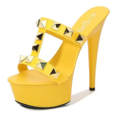 (yellow, 39) Model Rivet Zipper Sandals Transparent High Heel Platform Women&apos;s Shoes