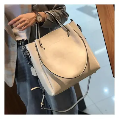 (white) Casual Large Capacity Women Tote Shoulder Bag Genuine Leather Ladies Bucket Handbag Mess