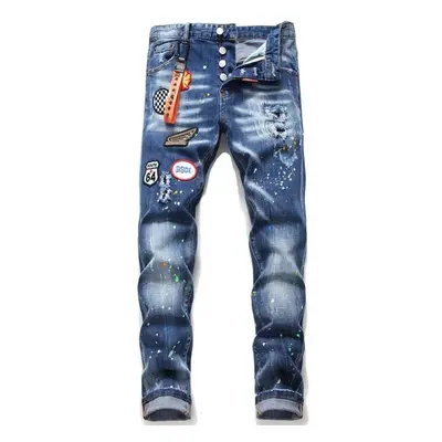 (blue, 30) Fashion Men&apos;s Casual Skinny Jeans Embroidery Patching Pants Strechy And Ripped