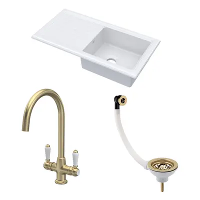 Fireclay Kitchen Bundle - Single Bowl Sink & Drainer, Waste & Mono Lever Tap, 1010mm - Brushed B