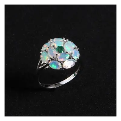 (multicolor, US RING SIZE:8#) Light Luxury Round Design Color Rich Natural Opal Gemstone Ring St