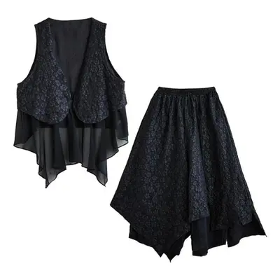 (black, One Size) Xitao Black Pants Sets Irregular Sleeveless Top Wing Leg Pants Two Pieces Sets