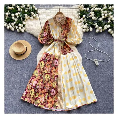 (yellow, One Size) Summer Elegant Midi Patchwork Dress For Women Lapel 3/4 Sleeve Wave Point Bre