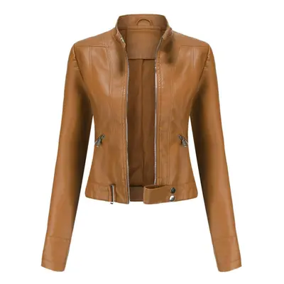 (camel, S) Women&apos;s Short Small Coat Spring Autumn Stand Collar Long Sleeve Thin Leather Jac