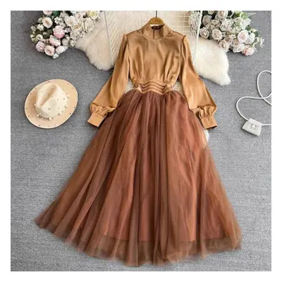 (coffee, L) Vintage Palace Style Dress Elegant Lantern Long Sleeve Stand Neck Pleated Waist A-li