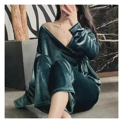 (blue, M) Women&apos;s Sexy Gold Velvet Pajamas Set V-neck Japanese Kimono Homewear Spring Long-