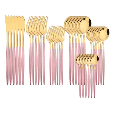 (pink,gold) 36pcs Gold Dinnerware Cutlery Set Knife Dessert Fork Coffee Spoon Tableware Western 