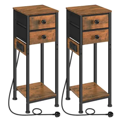 (Rustic Brown Black) Exquisite bedside table set of 2, tall side table with charging station and