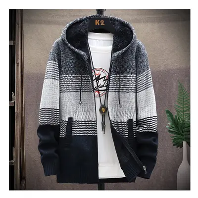 (Dark Grey, XL) Men's Plus Size Drawstring Loose Stripes Fit Hooded Sweatshirt Casual Zip Hoodie